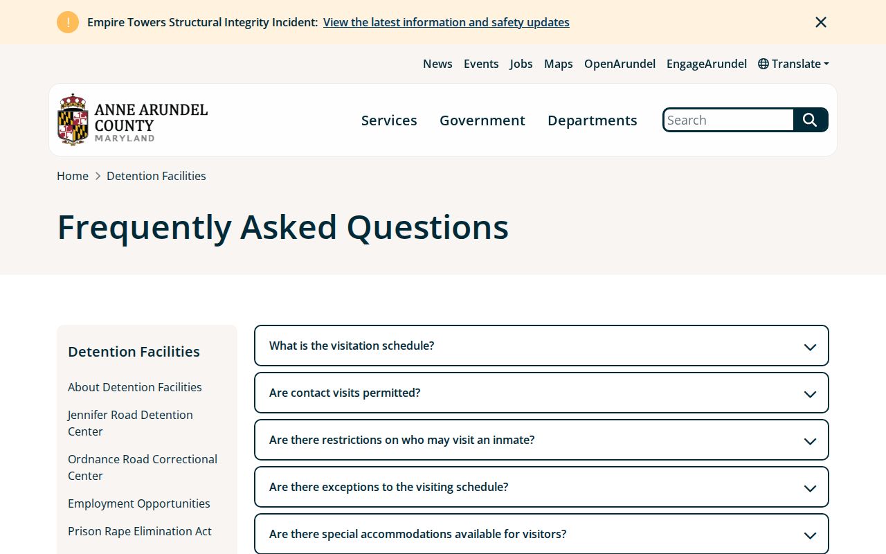 Anne Arundel County detention booking status and release FAQ record