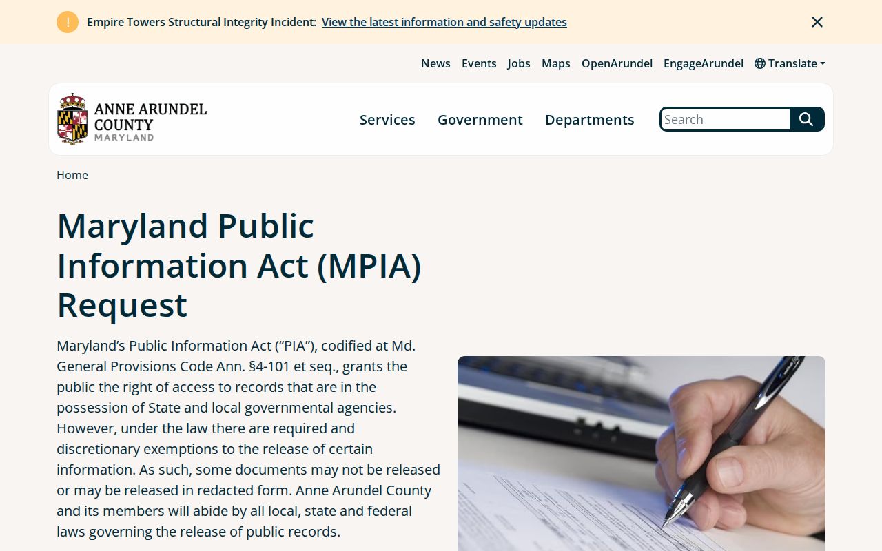 Anne Arundel County booking photo and inmate record request form