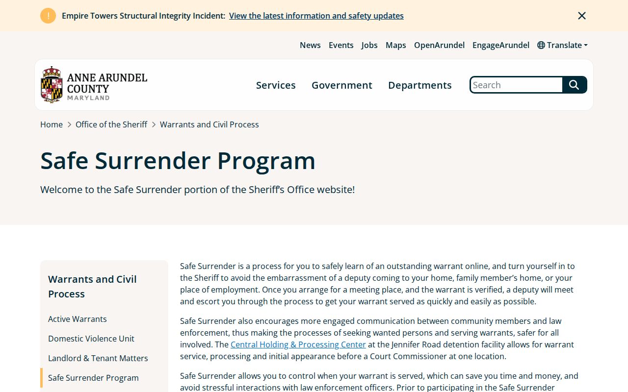 Anne Arundel County warrant Safe Surrender Program