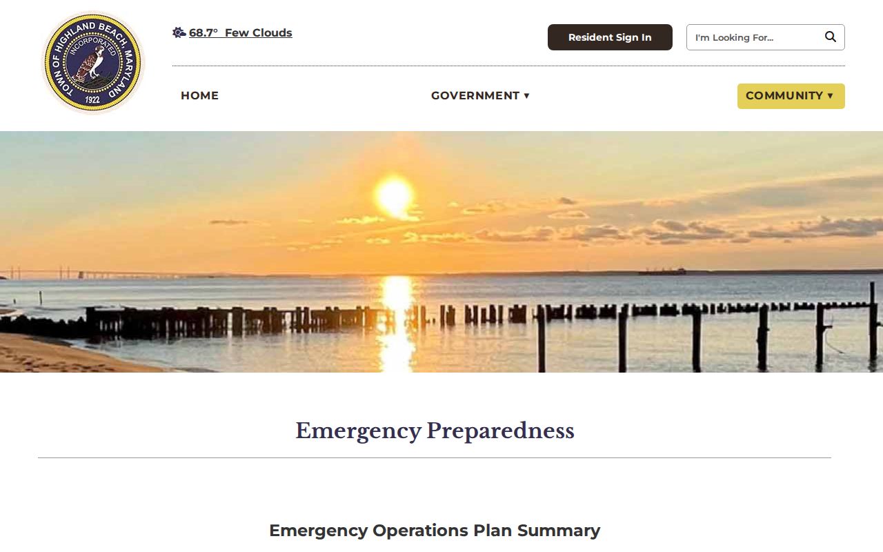 Highland Beach emergency page identifying Anne Arundel County Police as the law enforcement agency